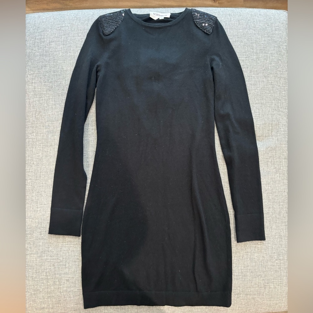 BCBG Generation - Black Long Sleeve Dress with Sequined Shoulders - Size Small